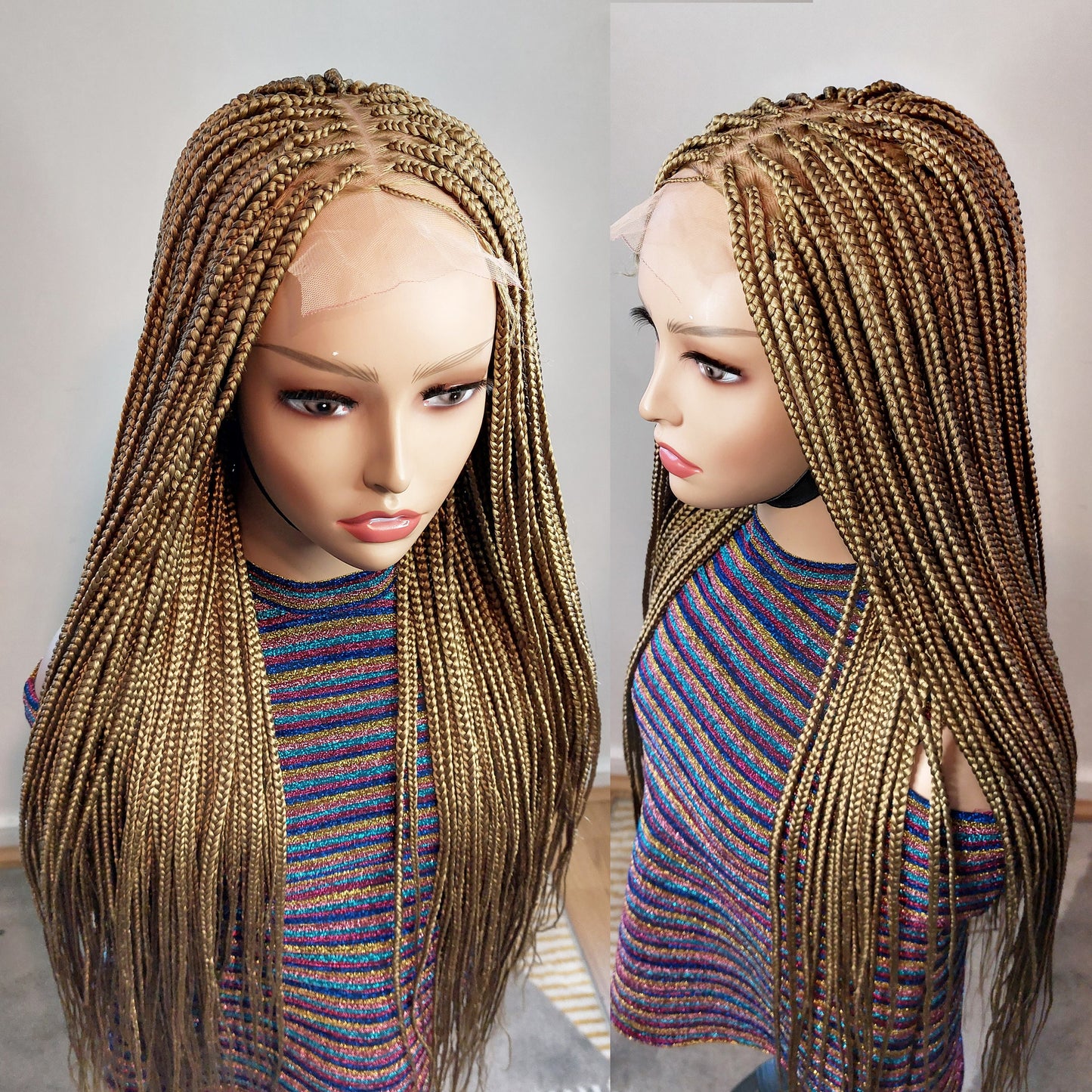 Knotless Box Braids Wig for Black Women – Gold long single braid full lace front wig – handmade glueless straight small medium – product image 7