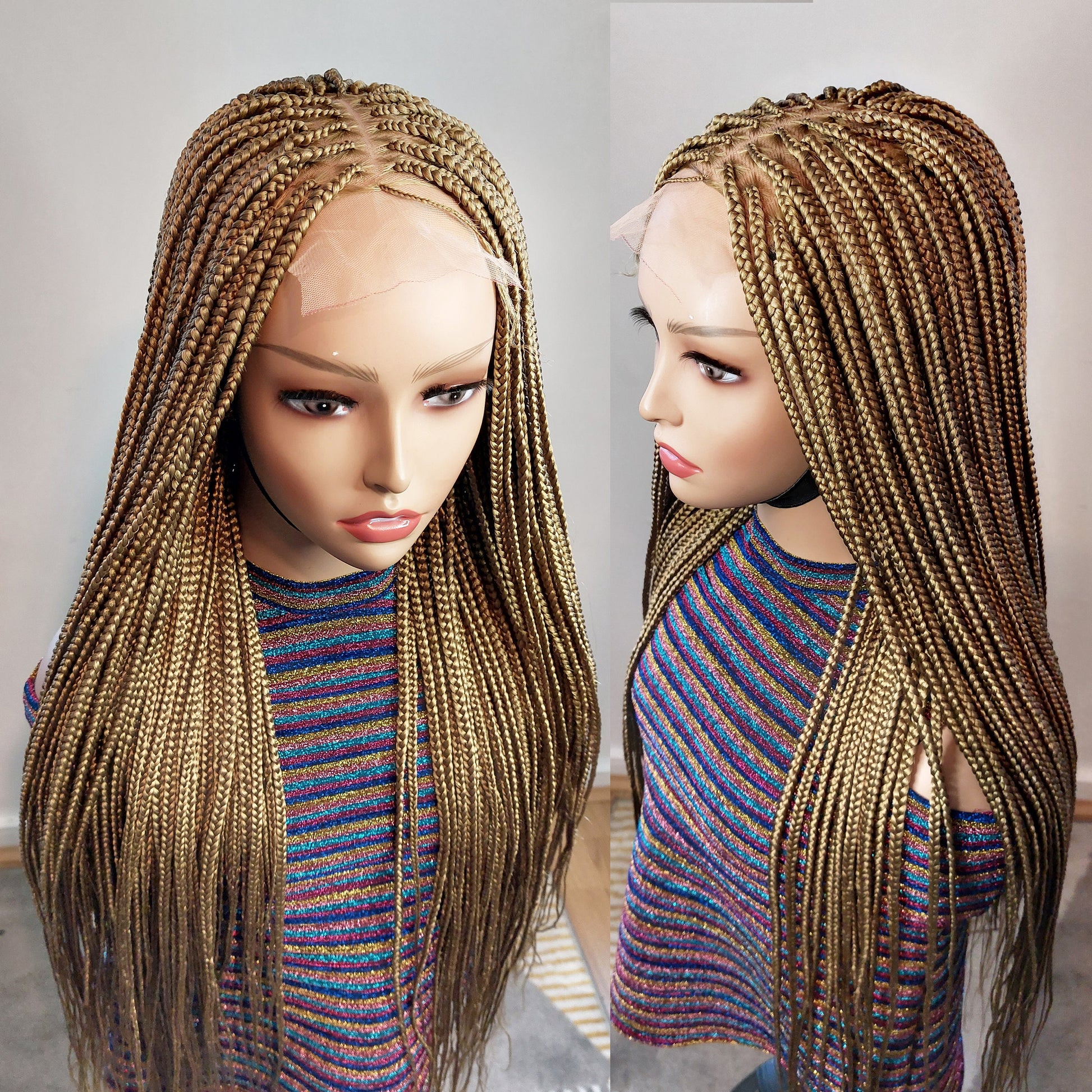 Knotless Box Braids Wig for Black Women – Gold long single braid full lace front wig – handmade glueless straight small medium – product image 7