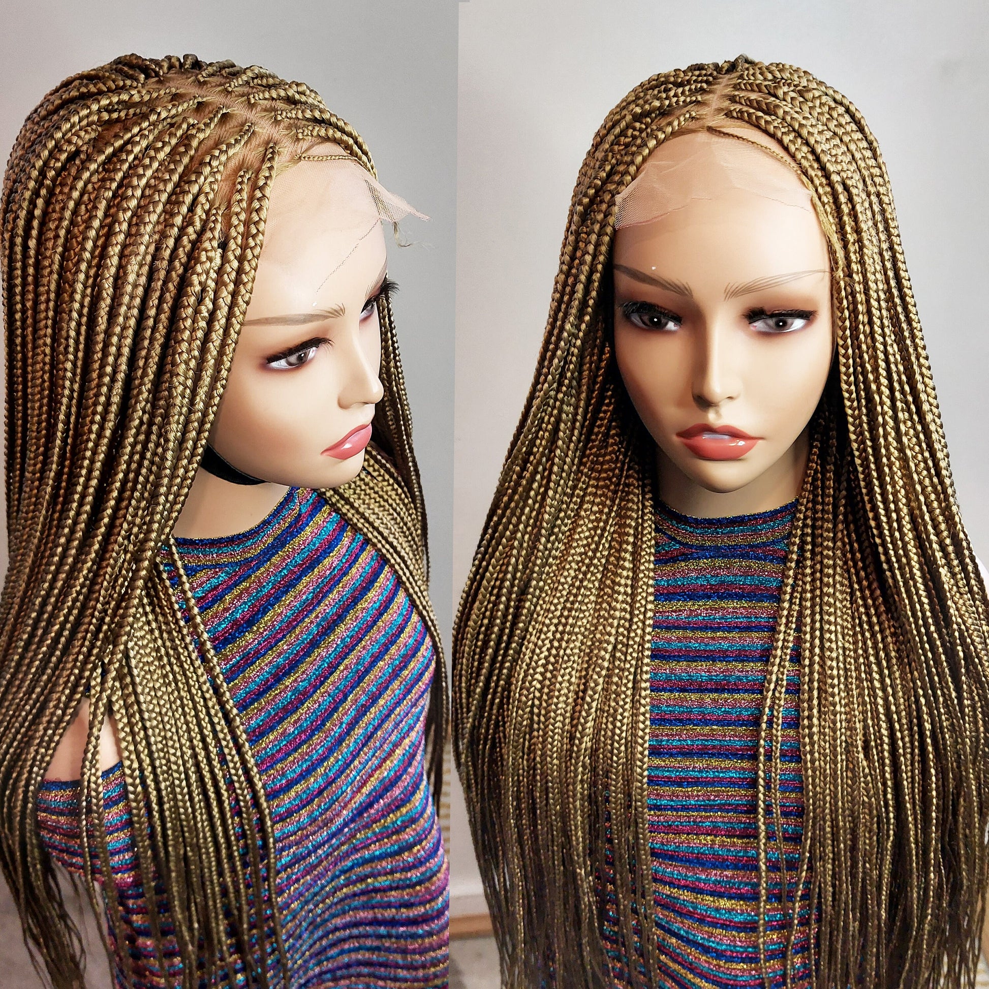 Knotless Box Braids Wig for Black Women – Gold long single braid full lace front wig – handmade glueless straight small medium – product image 10