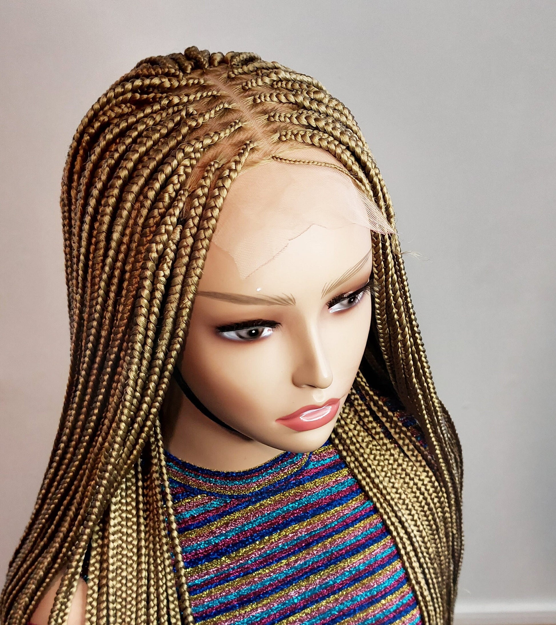 Knotless Box Braids Wig for Black Women – Gold long single braid full lace front wig – handmade glueless straight small medium – product image 1