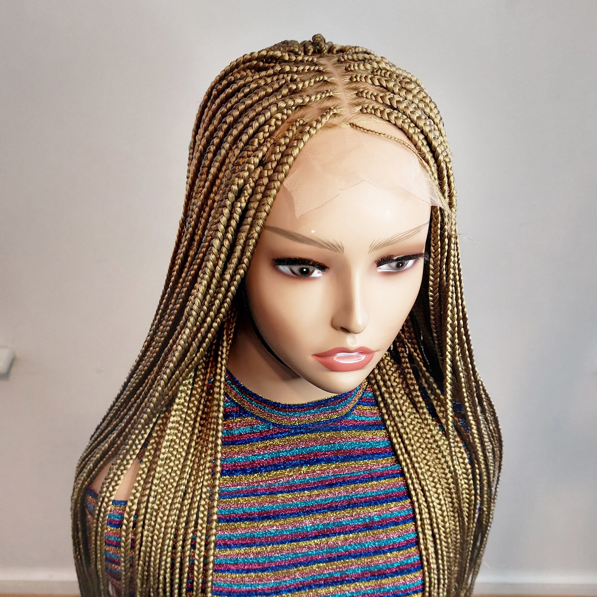 Knotless Box Braids Wig for Black Women – Gold long single braid full lace front wig – handmade glueless straight small medium – product image 6