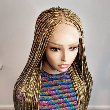 Knotless Box Braids Wig for Black Women – Gold long single braid full lace front wig – handmade glueless straight small medium – product image 6