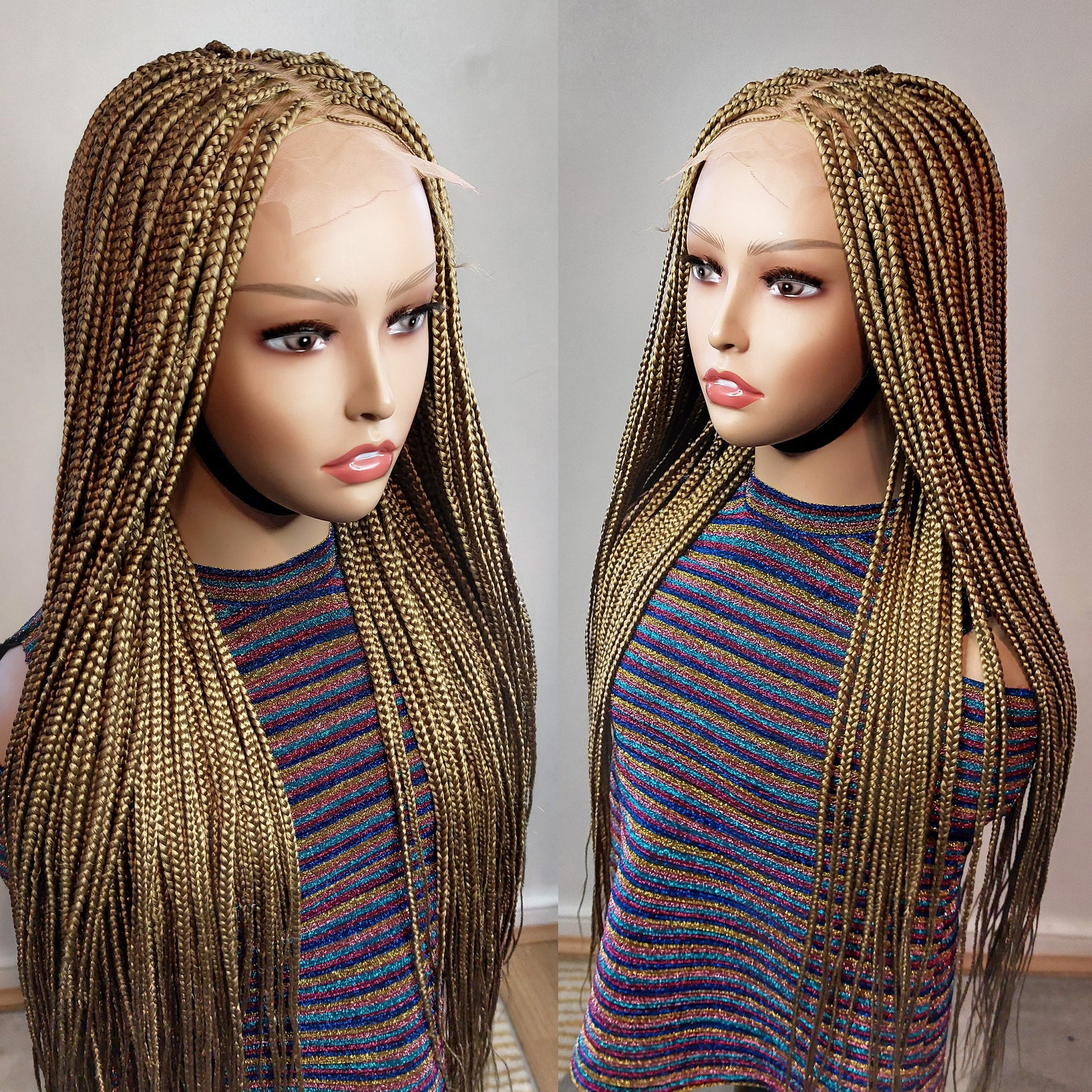 Knotless Box Braids Wig for Black Women – Gold long single braid full lace front wig – handmade glueless straight small medium – product image 9