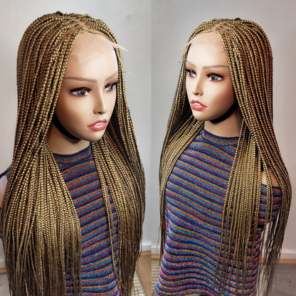 Knotless Box Braids Wig for Black Women – Gold long single braid full lace front wig – handmade glueless straight small medium – product image 9