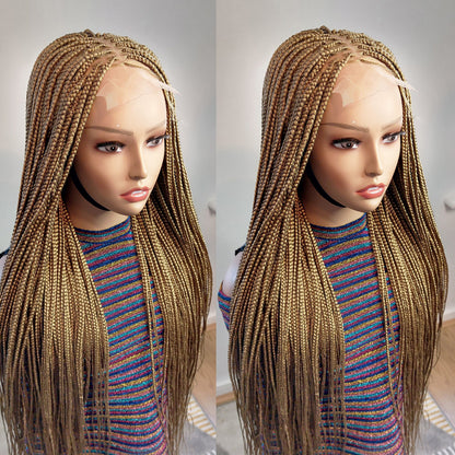 Knotless Box Braids Wig for Black Women – Gold long single braid full lace front wig – handmade glueless straight small medium – product image 3