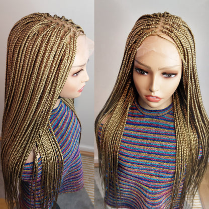 Knotless Box Braids Wig for Black Women – Gold long single braid full lace front wig – handmade glueless straight small medium – product image 2
