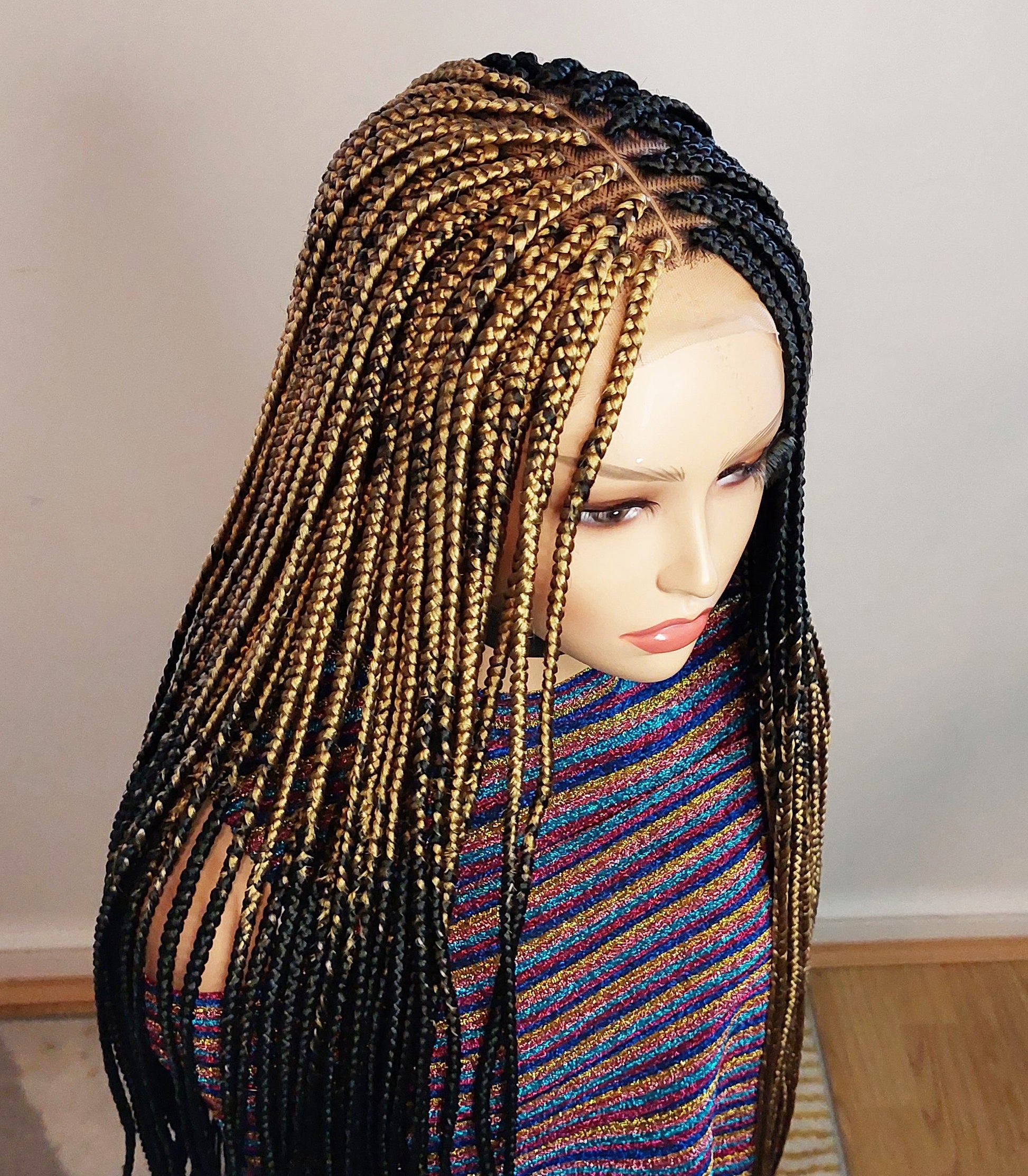 Box Braids Wig for Black Women – two colour gold black long braided wig – Lace closure center parting wig – wigs for women – ready – product image 9