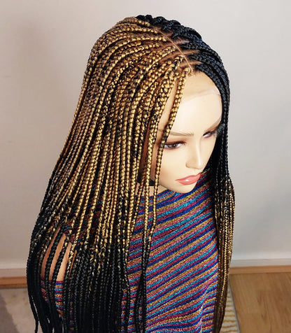 Box Braids Wig for Black Women – two colour gold black long braided wig – Lace closure center parting wig – wigs for women – ready – product image 9