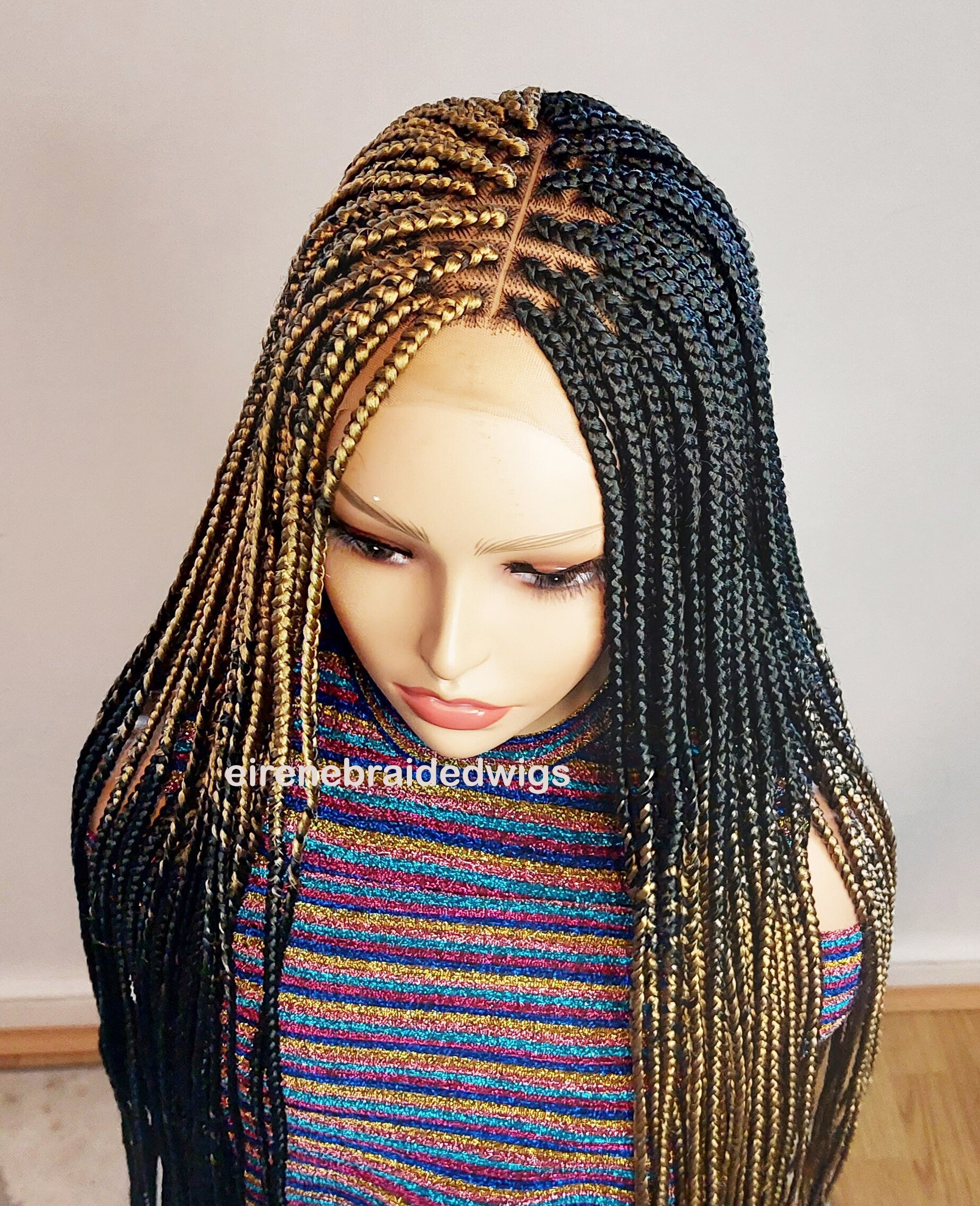 Box Braids Wig for Black Women – two colour gold black long braided wig – Lace closure center parting wig – wigs for women – ready – product image 10