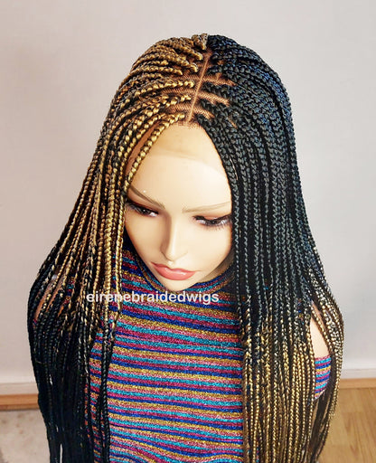 Box Braids Wig for Black Women – two colour gold black long braided wig – Lace closure center parting wig – wigs for women – ready – product image 10