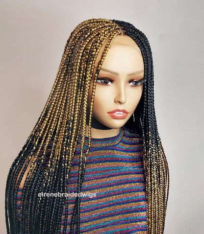 Box Braids Wig for Black Women – two colour gold black long braided wig – Lace closure center parting wig – wigs for women – ready – product image 2