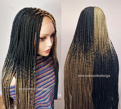 Box Braids Wig for Black Women – two colour gold black long braided wig – Lace closure center parting wig – wigs for women – ready – product image 4