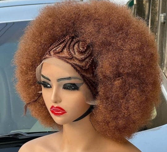 Lace Front Afro Puff Cornrow Braided Wig – African tribal Updo Puff Extra Large Jumbo Copper Gold Synthetic Costume Wig – Wigs for – product image 5