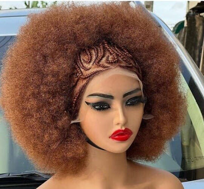 Lace Front Afro Puff Cornrow Braided Wig – African tribal Updo Puff Extra Large Jumbo Copper Gold Synthetic Costume Wig – Wigs for – product image 2
