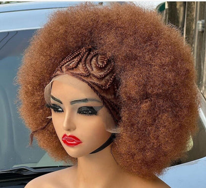 Lace Front Afro Puff Cornrow Braided Wig – African tribal Updo Puff Extra Large Jumbo Copper Gold Synthetic Costume Wig – Wigs for – product image 1