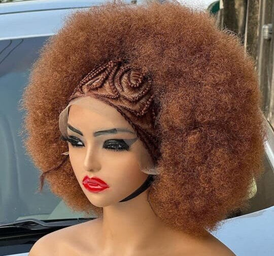 Lace Front Afro Puff Cornrow Braided Wig – African tribal Updo Puff Extra Large Jumbo Copper Gold Synthetic Costume Wig – Wigs for – product image 4