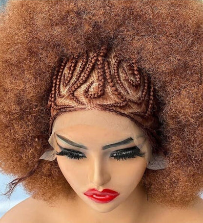 Lace Front Afro Puff Cornrow Braided Wig – African tribal Updo Puff Extra Large Jumbo Copper Gold Synthetic Costume Wig – Wigs for – product image 3