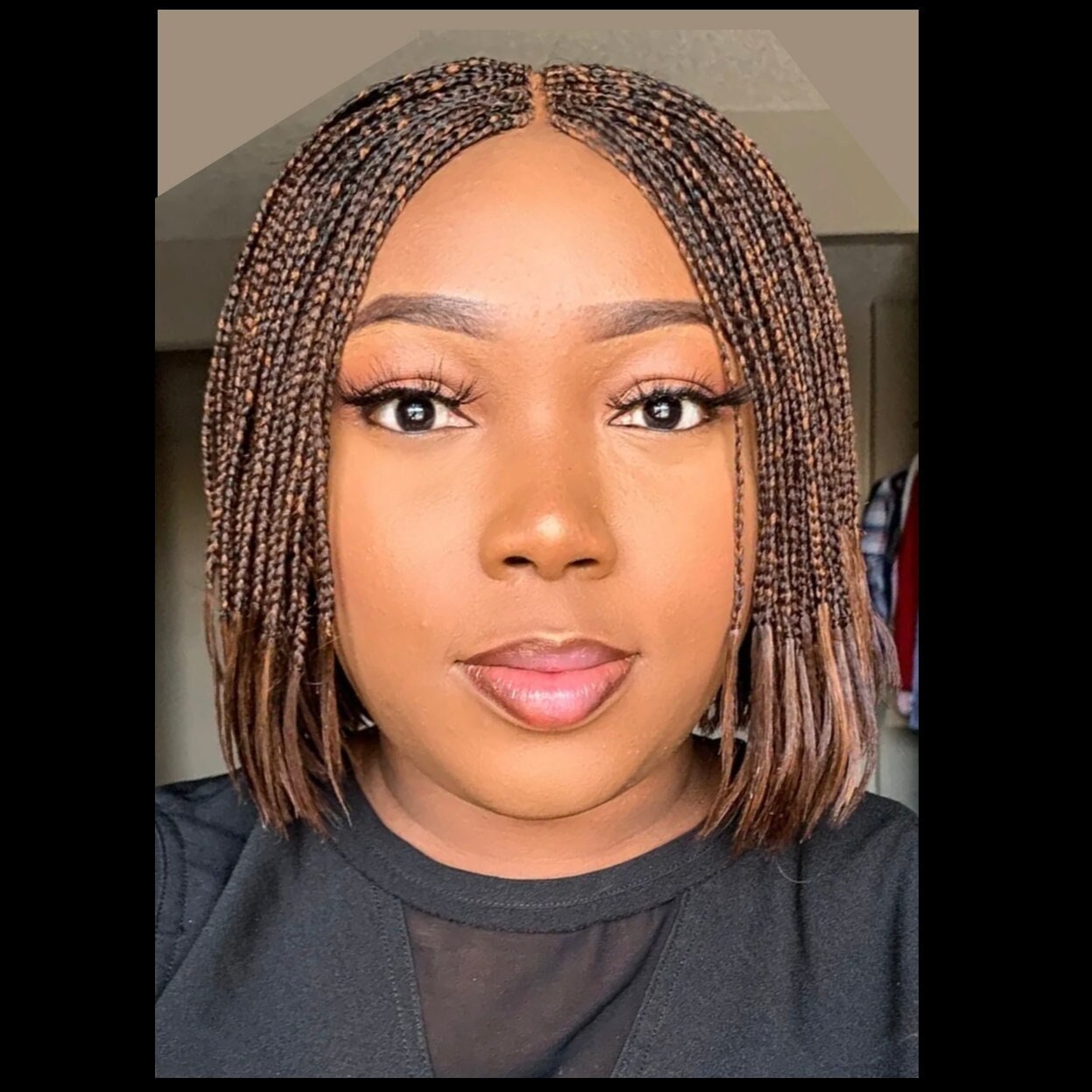 Bob Braids Wig – Bob Wig for Black Women – Short Brown Cornrow Wig – Centre Parting Shoulder Length Human Hair Lace Closure Box – product image 7