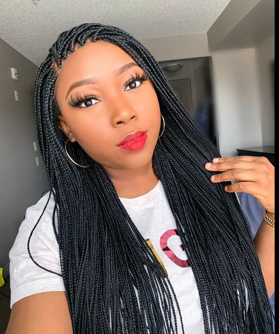 Box Braids Wig for Black Women – full lace frontal human hair twist braid wig – knotless natural hair long handmade glueless – product image 2