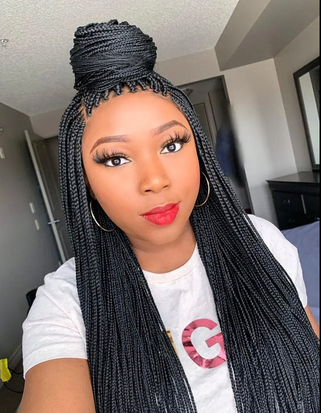 Box Braids Wig for Black Women – full lace frontal human hair twist braid wig – knotless natural hair long handmade glueless – product image 3