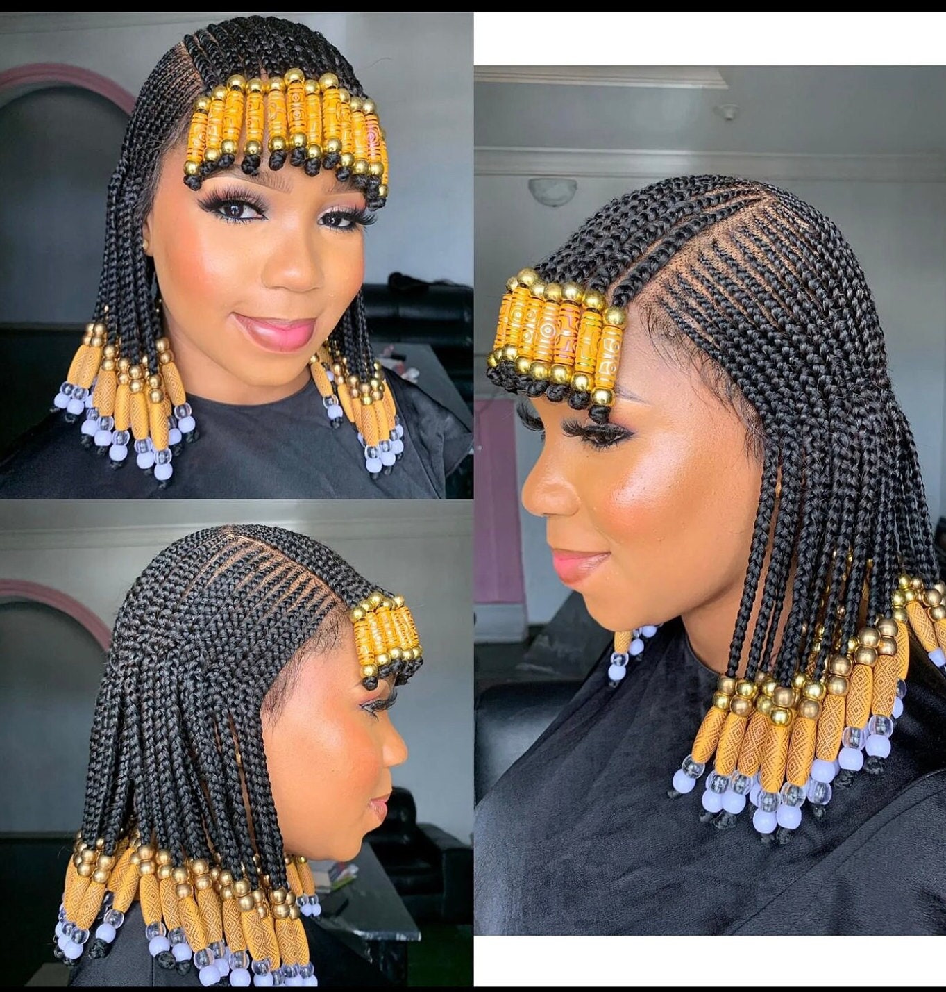 Braided Wigs for Black Women Beaded Braided Wig with Bangs – 14-inch Bob – Lace Frontal – product image 9