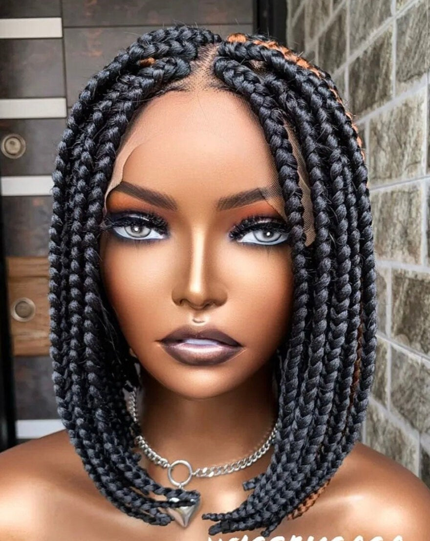 Braided Wigs for Black Women Short Bob Box Braids Wig – Black & Gold Lace Front Wig – product image 7