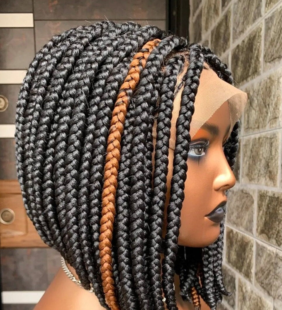 Braided Wigs for Black Women Short Bob Box Braids Wig – Black & Gold Lace Front Wig – product image 8