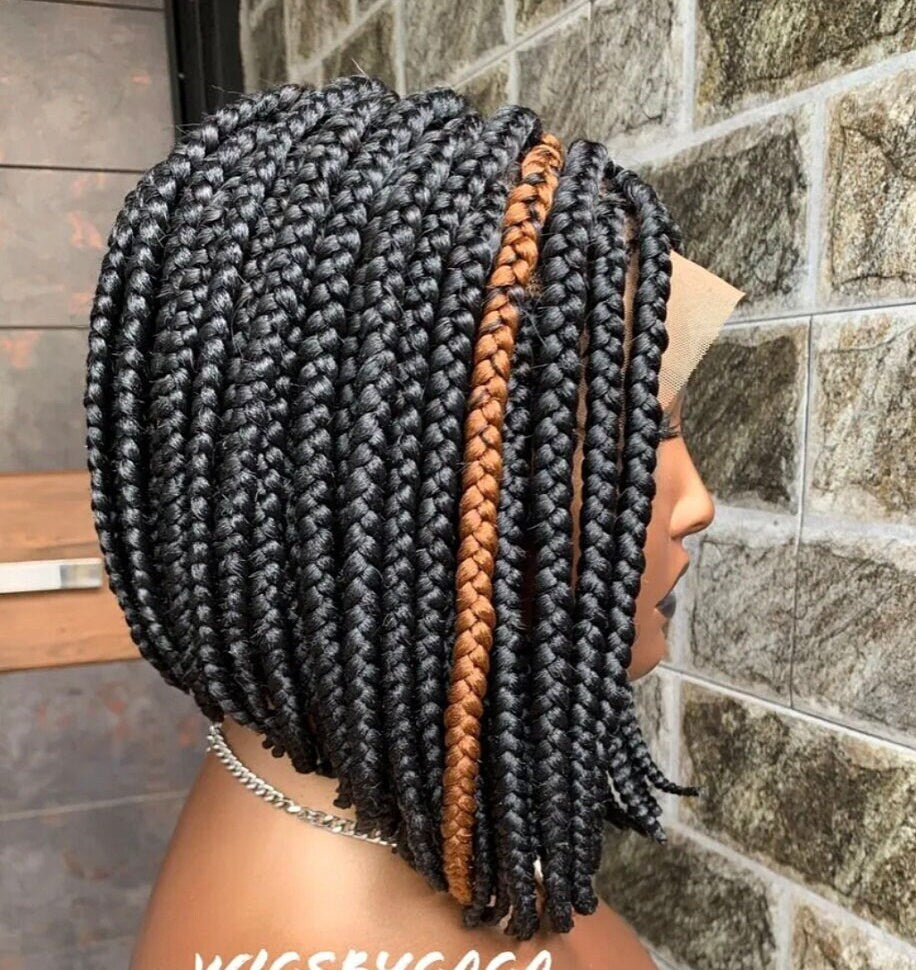 Braided Wigs for Black Women Short Bob Box Braids Wig – Black & Gold Lace Front Wig – product image 10