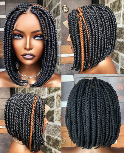 Braided Wigs for Black Women Short Bob Box Braids Wig – Black & Gold Lace Front Wig – product image 5