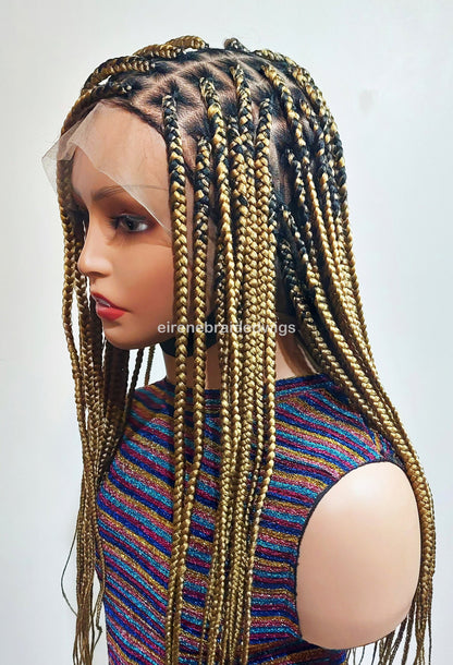 Knotless box braided wig, Gold african single braids, 26inches full lace human hair wig