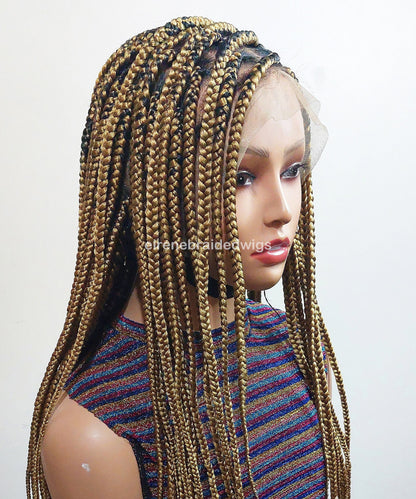 Knotless box braided wig for Black Women – Gold african single braids – 26inches full lace human hair wig with baby hair – updo – product image 2