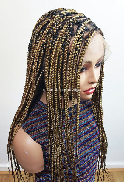 Knotless box braided wig for Black Women – Gold african single braids – 26inches full lace human hair wig with baby hair – updo – product image 5