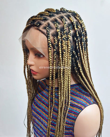 Knotless box braided wig, Gold african single braids, 26inches full lace human hair wig