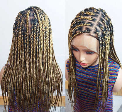 Knotless box braided wig for Black Women – Gold african single braids – 26inches full lace human hair wig with baby hair – updo – product image 1