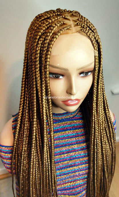 Knotless box braided wig for Black Women – Gold african single braids – 26inches full lace human hair wig with baby hair – updo – product image 6