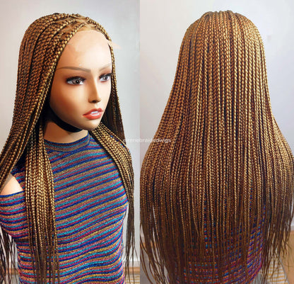 Knotless box braided wig for Black Women – Gold african single braids – 26inches full lace human hair wig with baby hair – updo – product image 4