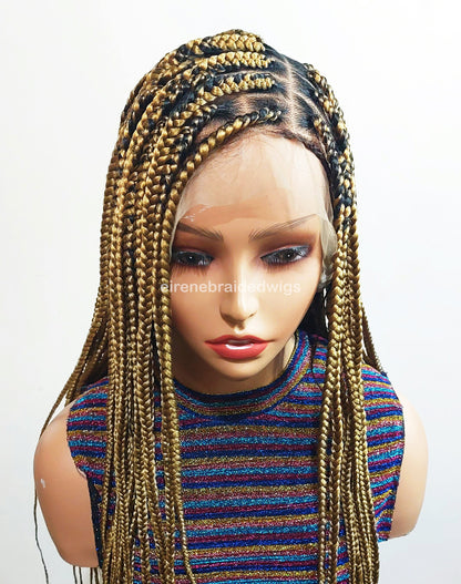 Knotless box braided wig, Gold african single braids, 26inches full lace human hair wig