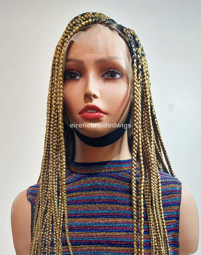 Knotless box braided wig, Gold african single braids, 26inches full lace human hair wig