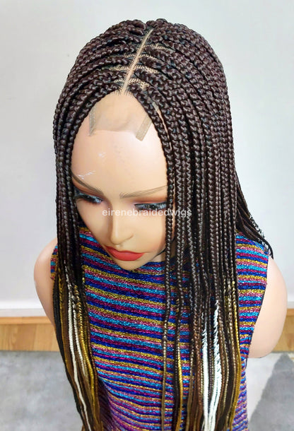 Braided Wigs for Black Women 35 Inch Box Braids Wig – Lace Closure – Brown Yellow White Silver Braids – product image 1