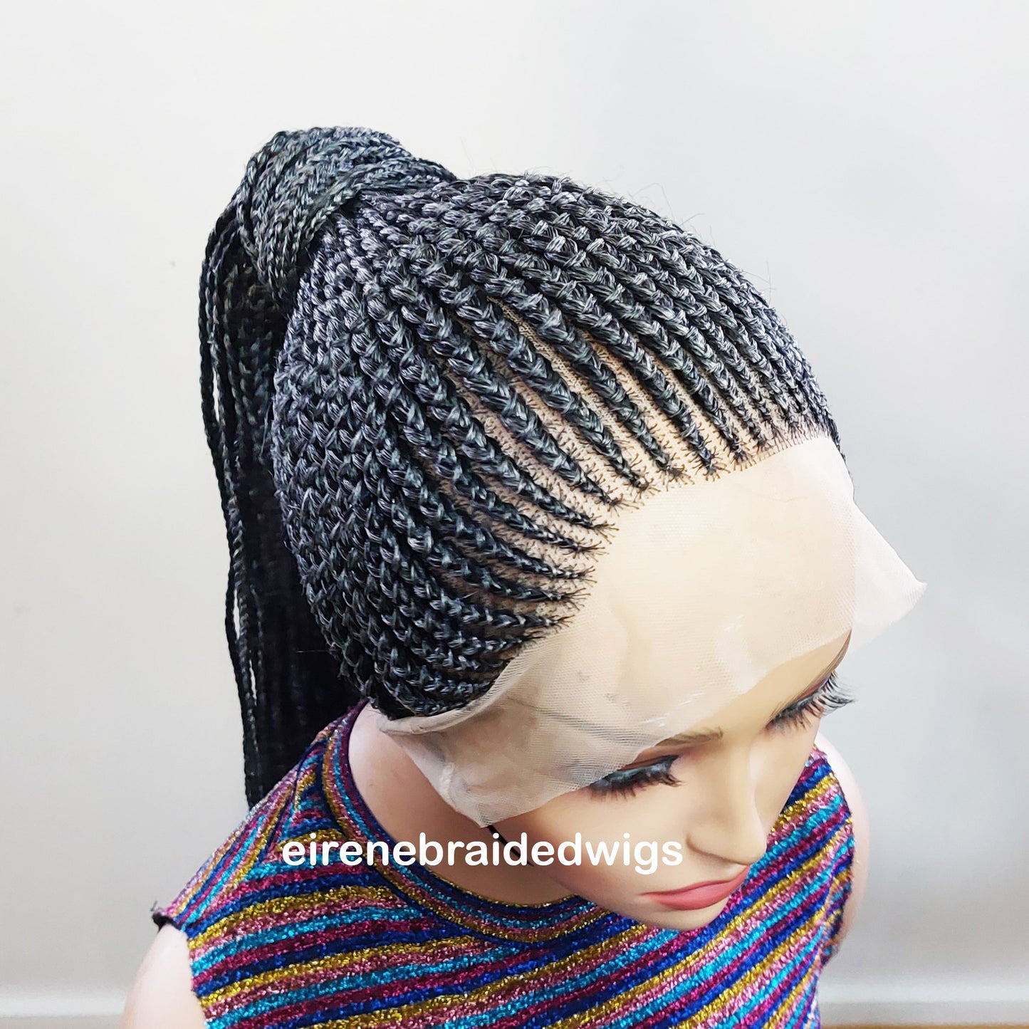 Braided Wigs for Black Women Fulani Braided Wig – High Bun Ponytail – Salt & Pepper Silver Human Hair – product image 2