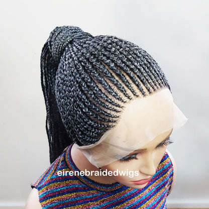 Braided Wigs for Black Women Fulani Braided Wig – High Bun Ponytail – Salt & Pepper Silver Human Hair – product image 2
