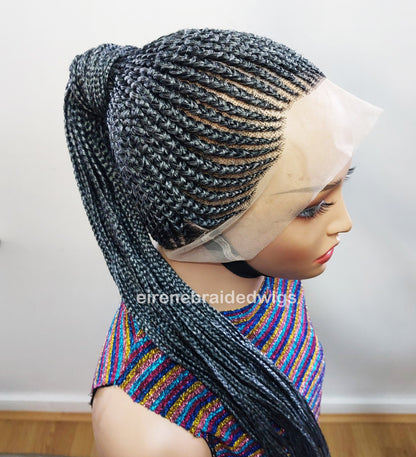 Braided Wigs for Black Women Fulani Braided Wig – High Bun Ponytail – Salt & Pepper Silver Human Hair – product image 1