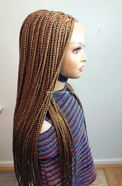 Knotless box braided wig for Black Women – Gold african single braids – 26inches full lace human hair wig with baby hair – updo – product image 5