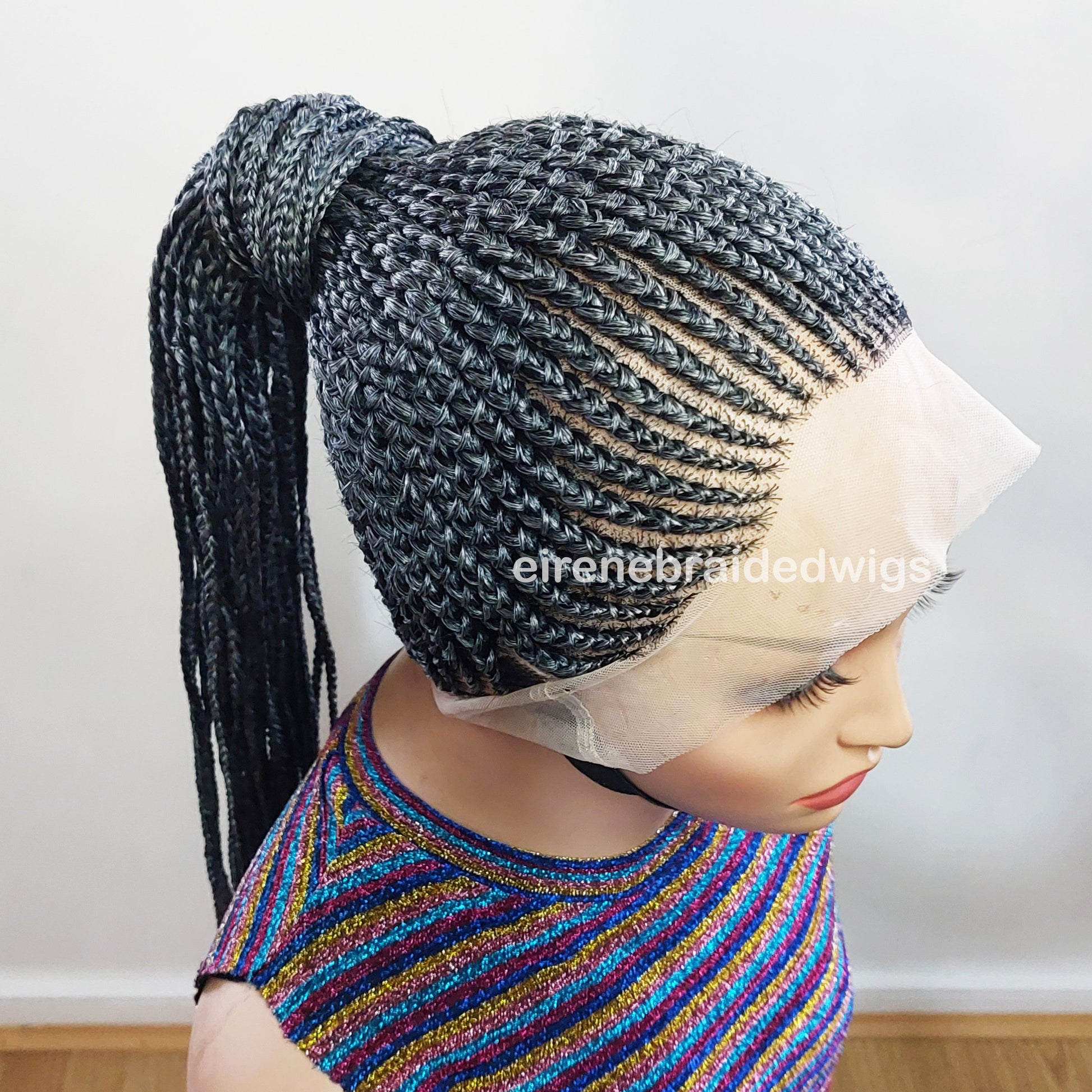 Braided Wigs for Black Women Fulani Braided Wig – High Bun Ponytail – Salt & Pepper Silver Human Hair – product image 4