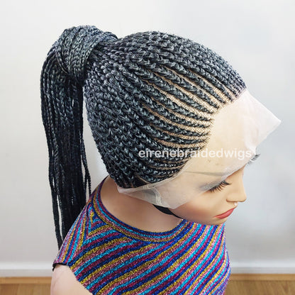 Braided Wigs for Black Women Fulani Braided Wig – High Bun Ponytail – Salt & Pepper Silver Human Hair – product image 4