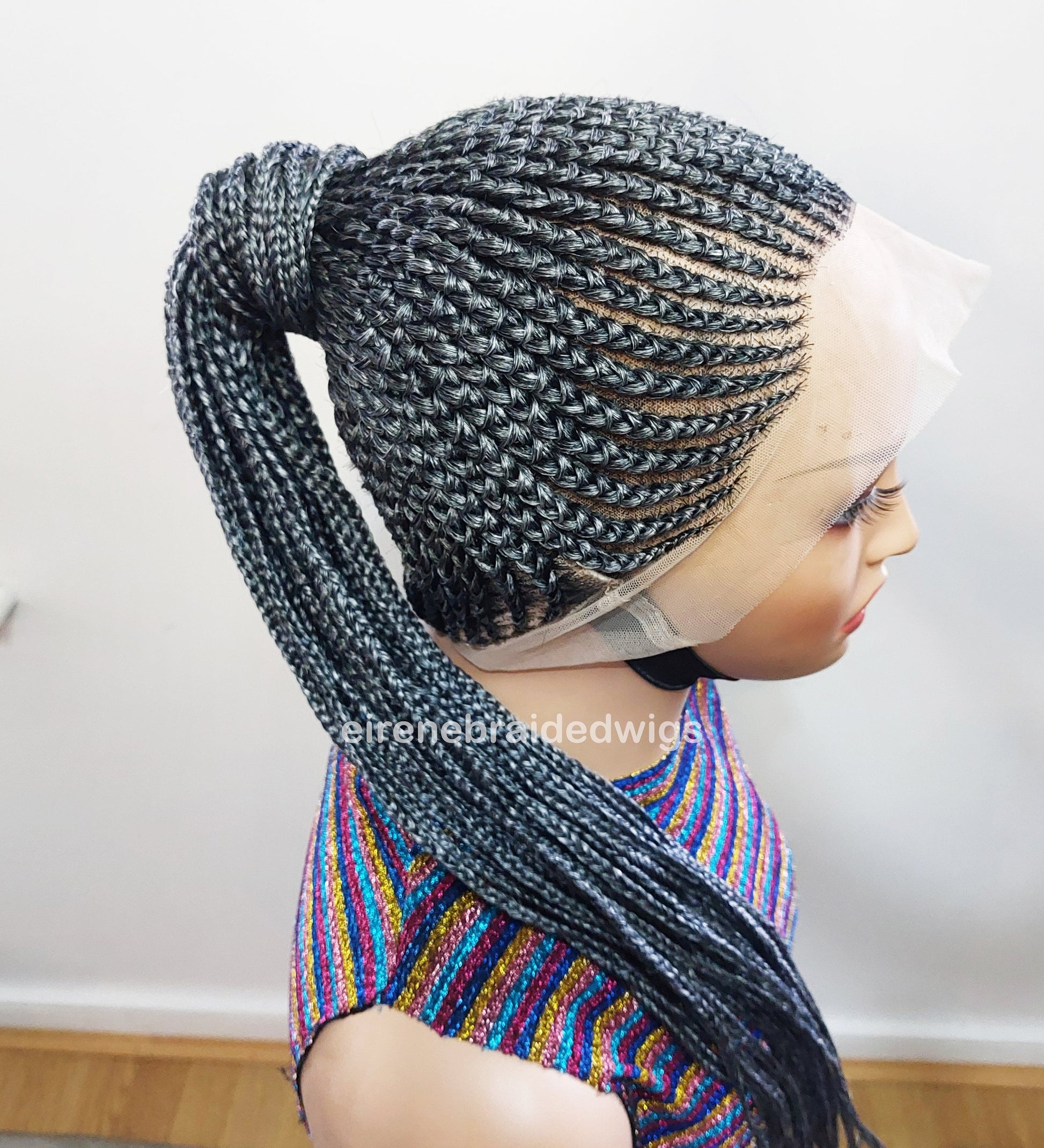 Braided Wigs for Black Women Fulani Braided Wig – High Bun Ponytail – Salt & Pepper Silver Human Hair – product image 5