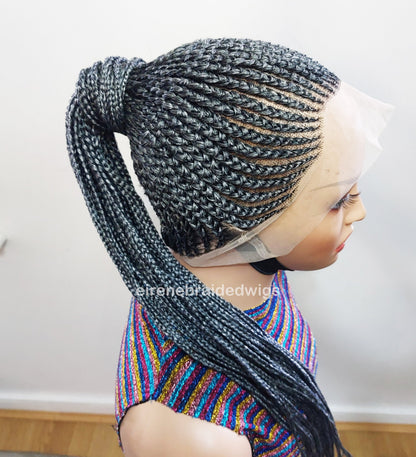 Braided Wigs for Black Women Fulani Braided Wig – High Bun Ponytail – Salt & Pepper Silver Human Hair – product image 5