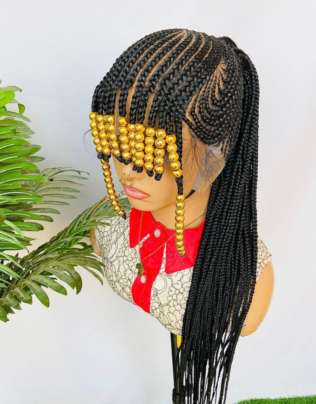 Braided Wigs for Black Women Beaded Braided Wig with Bangs – 24-inch Lace Frontal Cornrow Wig – product image 1