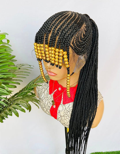 Braided Wigs for Black Women Beaded Braided Wig with Bangs – 24-inch Lace Frontal Cornrow Wig – product image 1