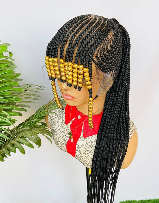 Braided Wigs for Black Women Beaded Braided Wig with Bangs – 24-inch Lace Frontal Cornrow Wig – product image 1